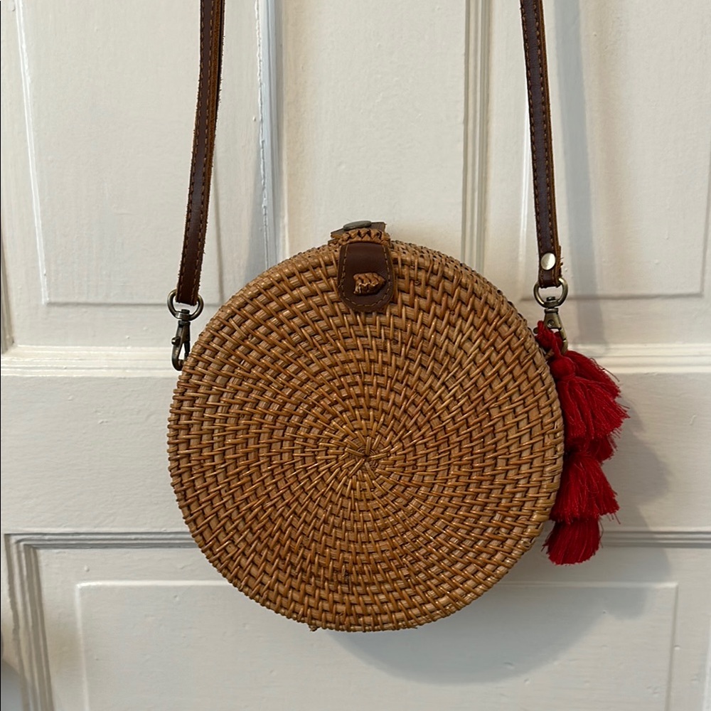 Round Rattan Resort Bag with Red Tassel Charm